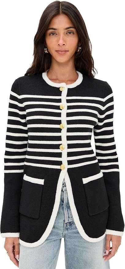 English Factory, English Factory Women&#039;s Knit Striped Sweater Cardigan, Black/cream, M