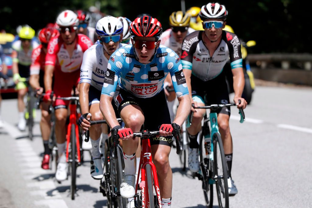LE SAPPEYENCHARTREUSE FRANCE JUNE 04 Matthew Holmes of United Kingdom and Team Lotto Soudal Polka Dot Mountain Jersey in breakaway during the 73rd Critrium du Dauphin 2021 Stage 6 a 1672km stage from LoriolsurDrome to Le SappeyenChartreuse 1003m UCIworldtour Dauphin dauphine on June 04 2021 in Le SappeyenChartreuse France Photo by Bas CzerwinskiGetty Images