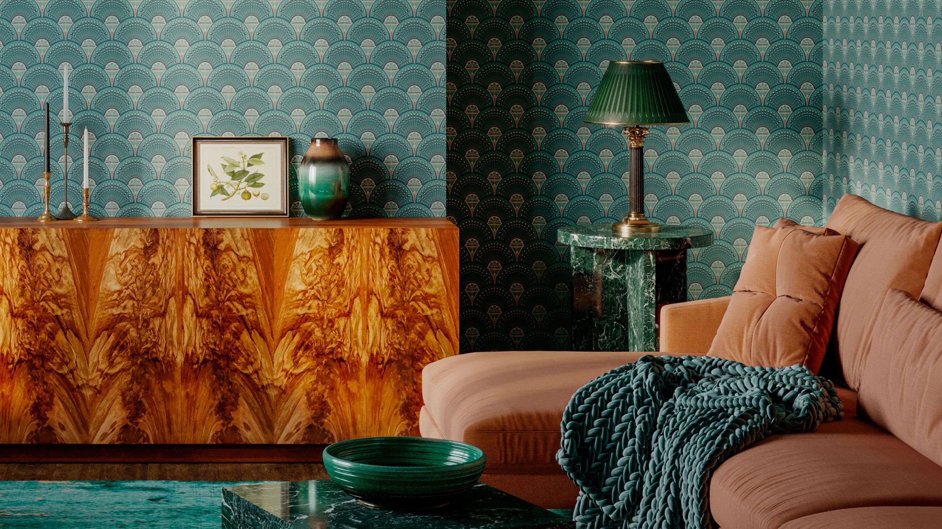 A green-based room with a salmon colored sofa and a rich wood grained credenza 
