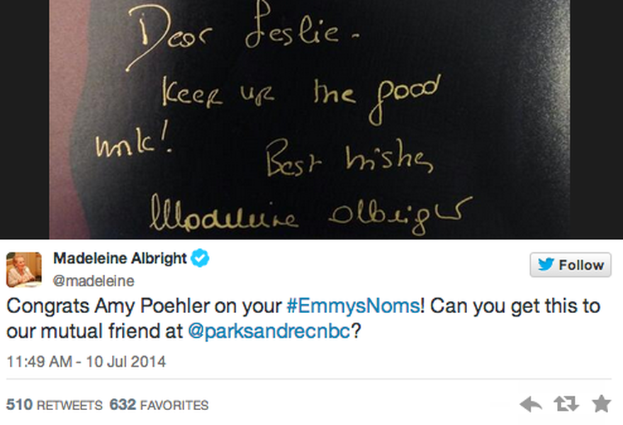 Madeleine Albright just made Leslie Knope&amp;#039;s &amp;amp;mdash; er, Amy Poehler&amp;#039;s &amp;amp;mdash; day