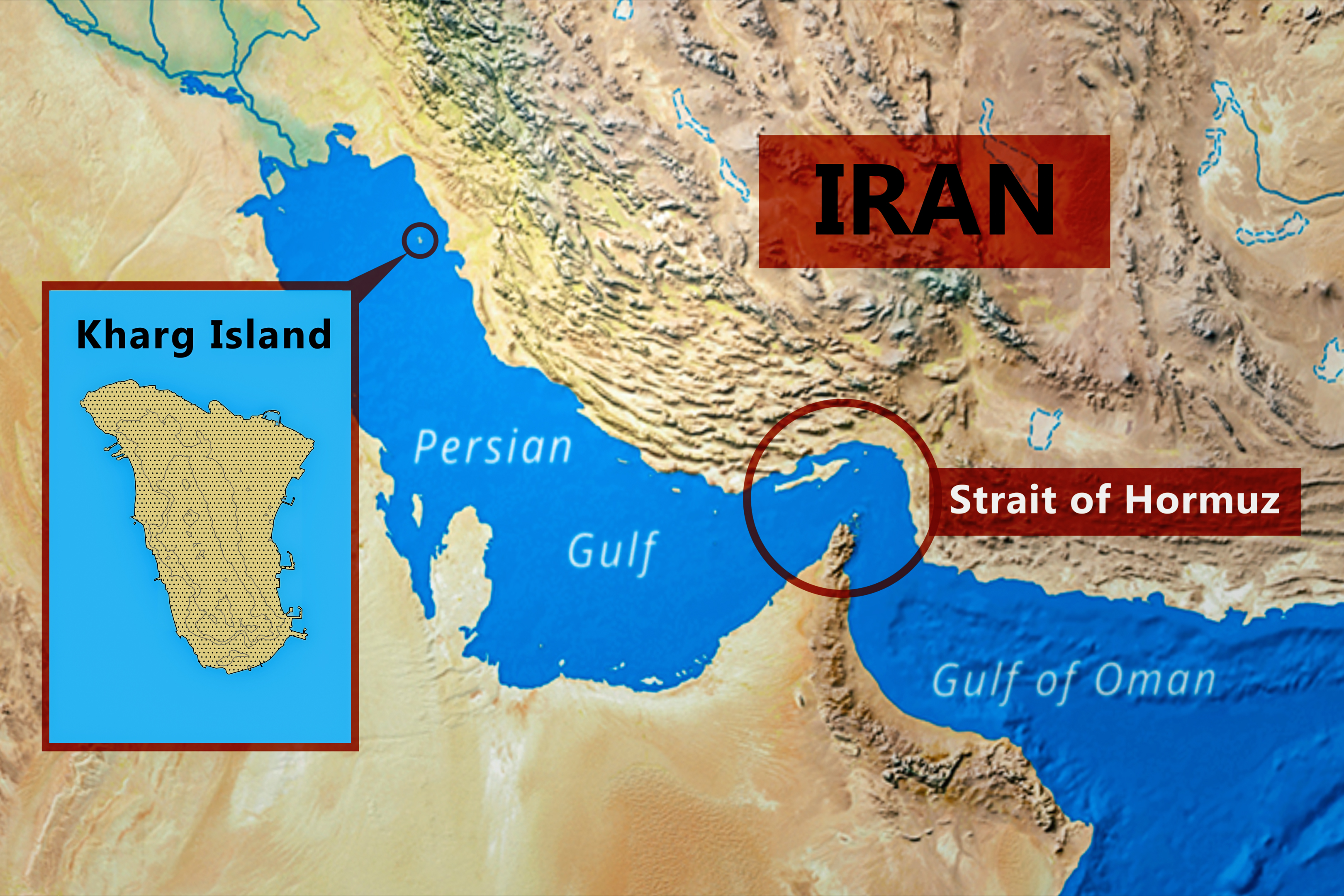 Geographical map showing Kharg Island positioned in the Persian Gulf off the coast of Iran relative to the Strait of Hormuz