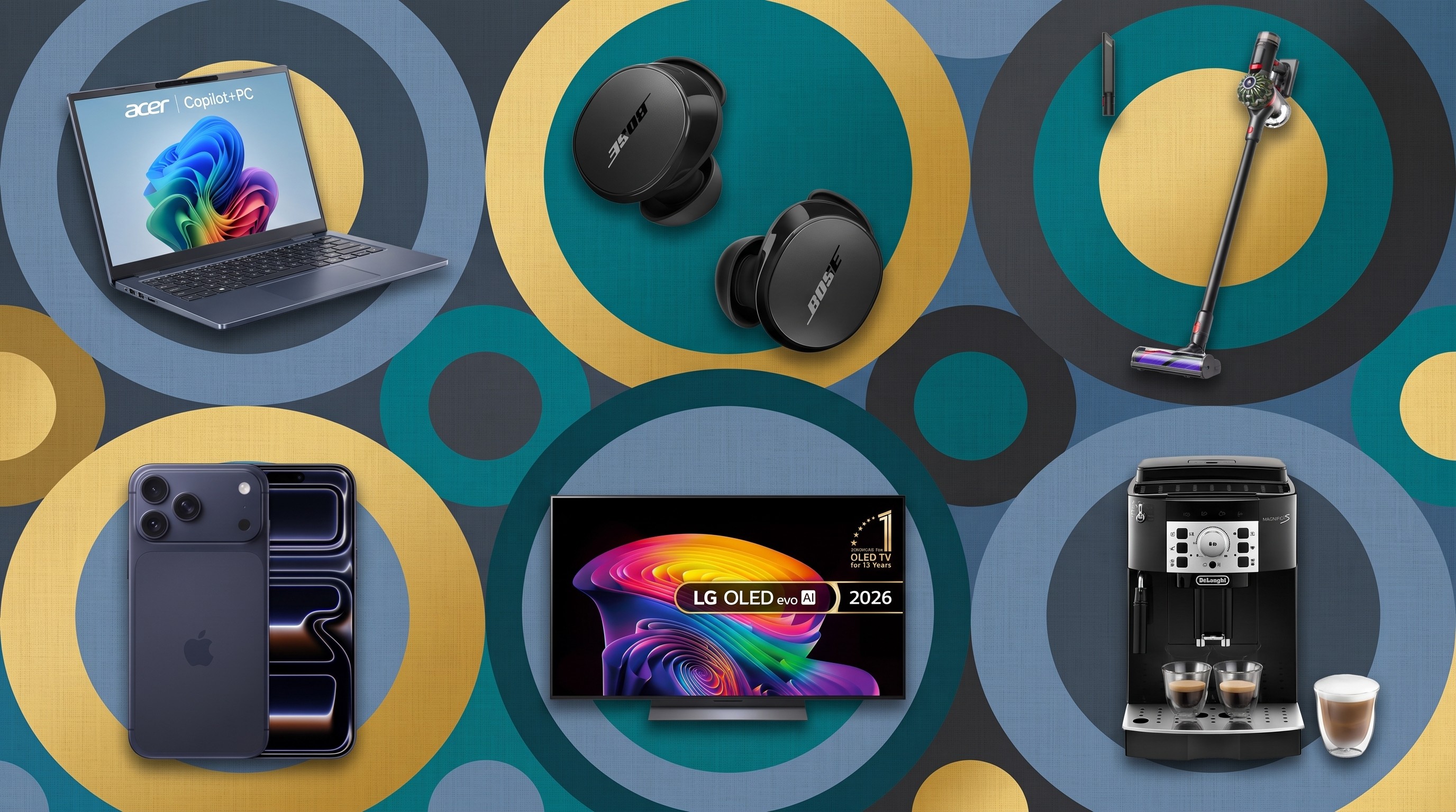 A collage of tech deals from the latest Currys Epic Deals sale, including an Acer laptop, Bose earbuds, Dyson vacuum, iPhone 17 Pro Max, LG C6 OLED TV, and De'longhi coffee machine.