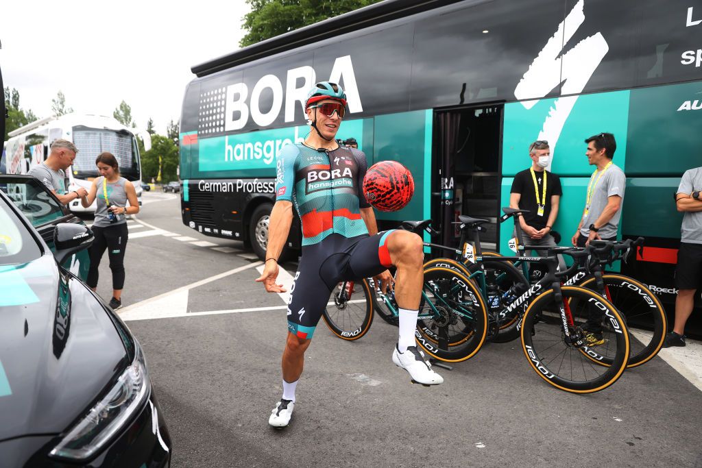 VITORIAGASTEIZ SPAIN JULY 02 Danny Van Poppel of The Netherlands and Team BORAHansgrohe kicks a Athletic Club Football club ball prior to the stage two of the 110th Tour de France 2023 a 2089km stage from VitoriaGasteiz to San Sbastin UCIWT on July 02 2023 in VitoriaGasteiz Spain Photo by Michael SteeleGetty Images