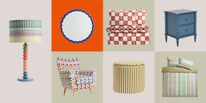 Maximal Bedroom, colorful lamp, striped bed sheets, patterned lounge chair, blue rounded mirror, striped ottoman