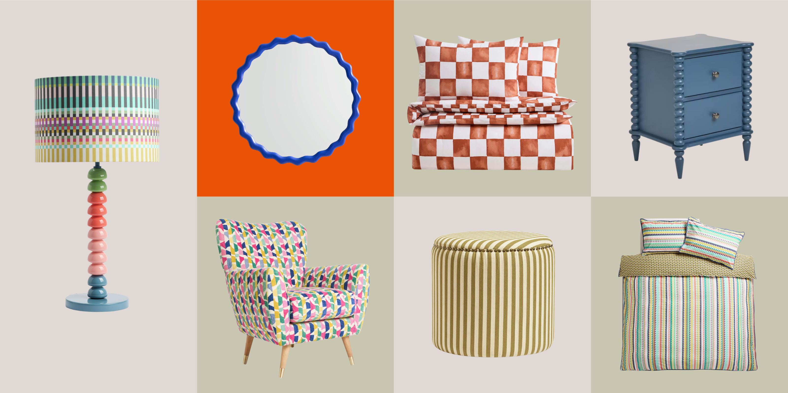 Maximal Bedroom, colorful lamp, striped bed sheets, patterned lounge chair, blue rounded mirror, striped ottoman