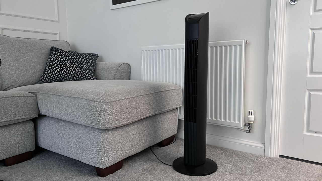 Govee Smart Tower Fan in use during testing by author