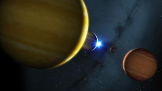 An artist's impression of the solar system, showing the four planets and their star.