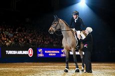 Scott Brash riding Ursula, with Lady Harris on the retirement of Ursula during the Olympia, The London International Horse Show held at Olympia in London in the UK between 17 - 23 December 2018