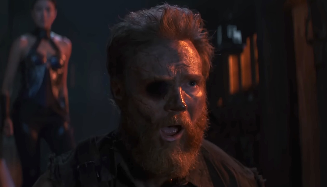 Kano resurrected from death with a large hole where his right eye was in Mortal Kombat II