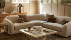 an off white sofa with several pillows on it and a square coffee table with decor on it