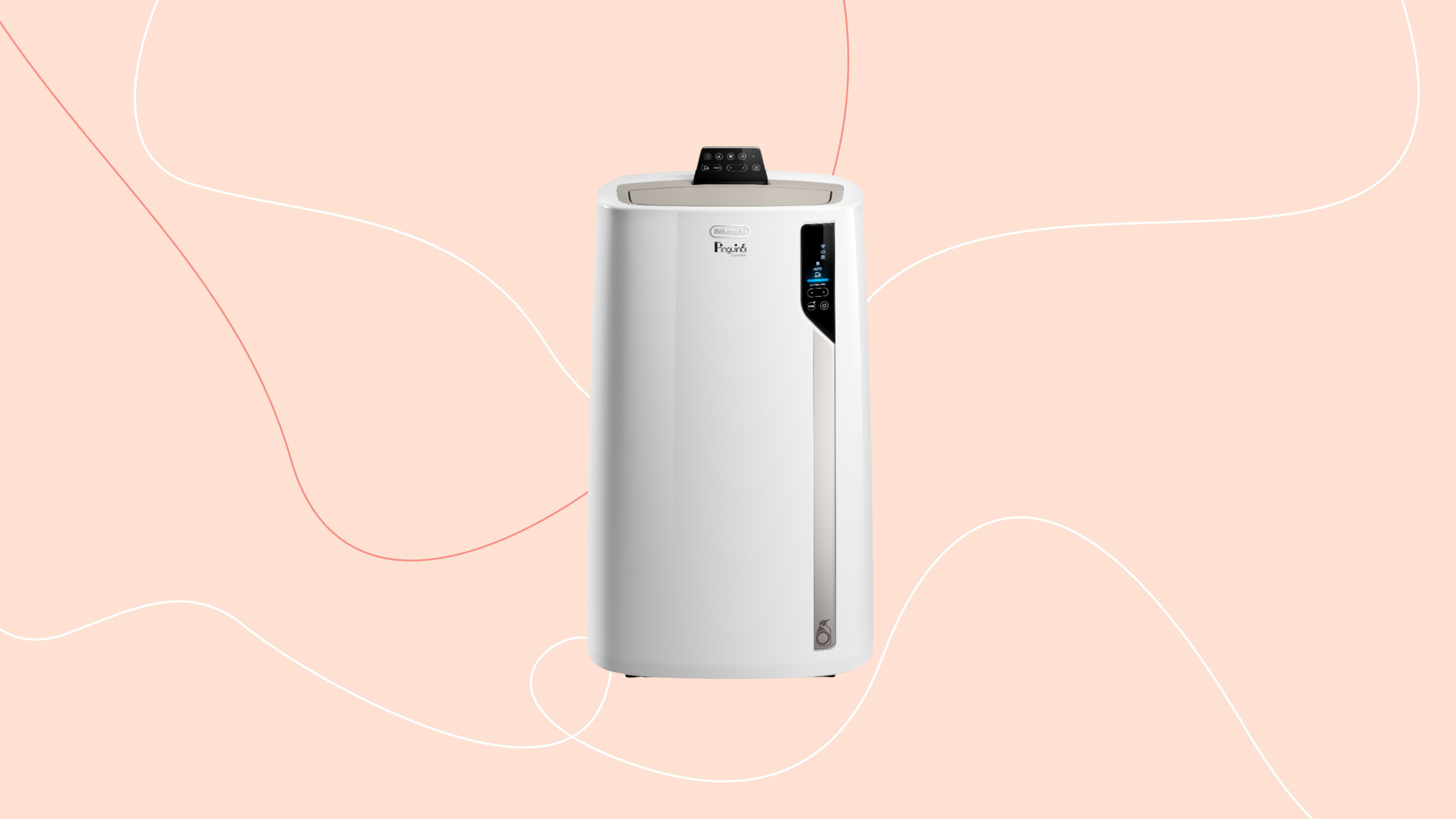 delonghi piguino portable air conditioner on pink graphic background