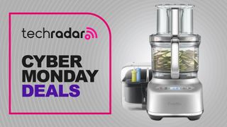 Breville food processor on gray background with text 'TechRadar Cyber Monday Deals'