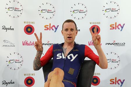 Bradley Wiggins relaxes after breaking the UCI Hour Record.