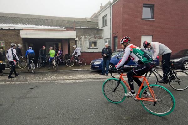Riders gather up to head out on a training ride at the Team USA House in Izegem, BE