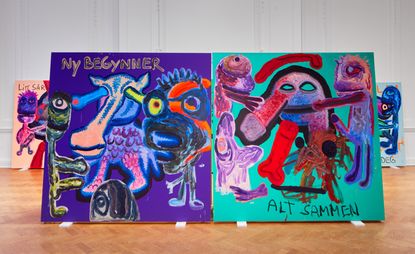 Installation view of Bjarne Melgaard’s ‘Bodyparty (Substance Paintings)’ at Galerie