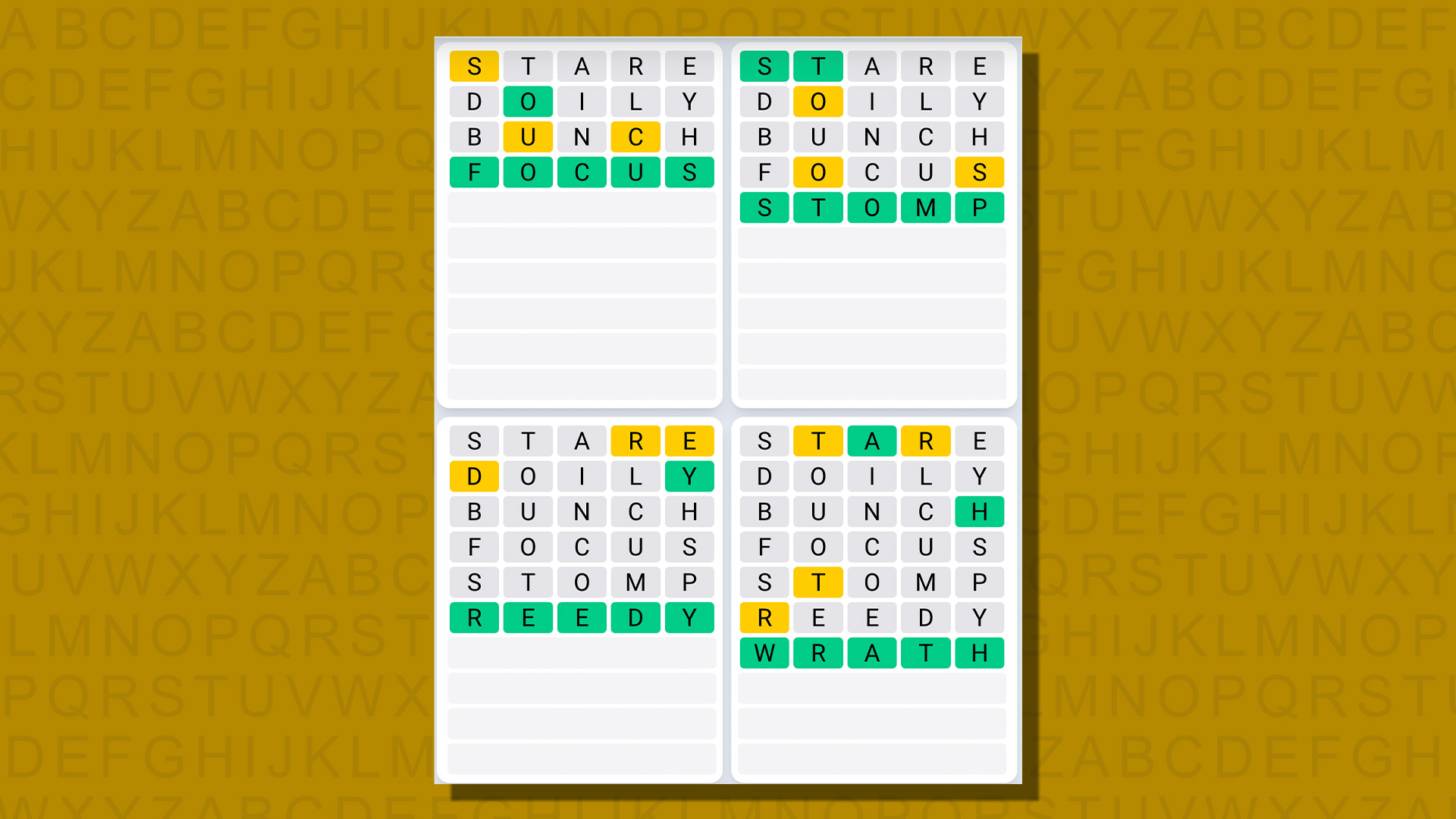 Quordle daily sequence answers for game 711 on a yellow background