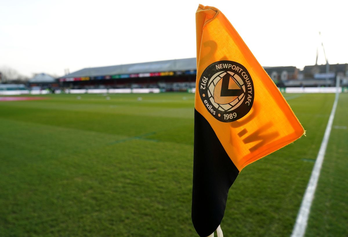 The Newport County badge on a corner flag at the club's Rodney Parade stadium