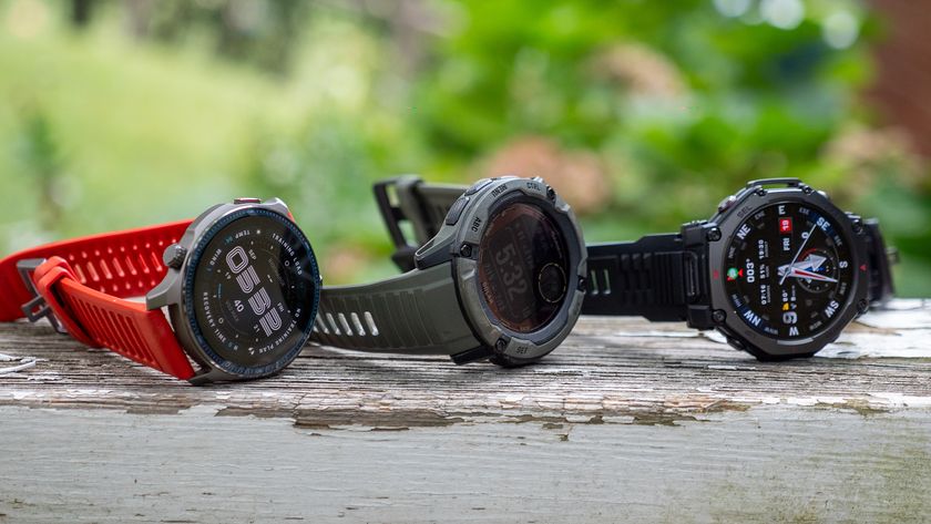 An Amazfit Balance 2, Amazfit T-Rex 3 Pro, and Garmin Instinct 2X Solar smartwatch