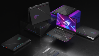 Asus ROG Strix Scar 15/17 rendered on a matte black background and boxes