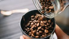 How to store coffee beans: Coffee beans being poured into a jar