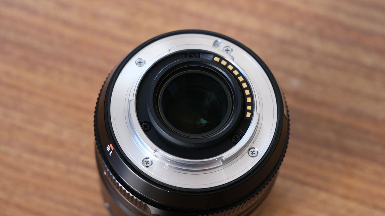 The lens mount on the Fujifilm XF 18mm f/1.4 lens