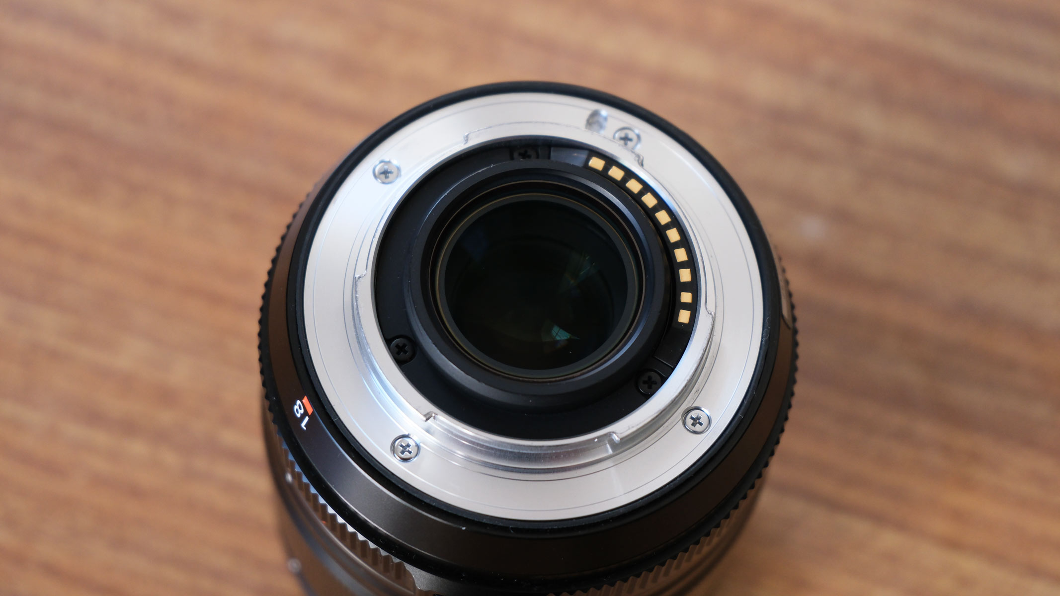 The lens mount on the Fujifilm XF 18mm f/1.4 lens