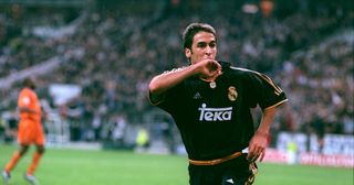 Raul Gonzalez of Real Madrid celebrates scoring his goal and Madrid's third (3-0)