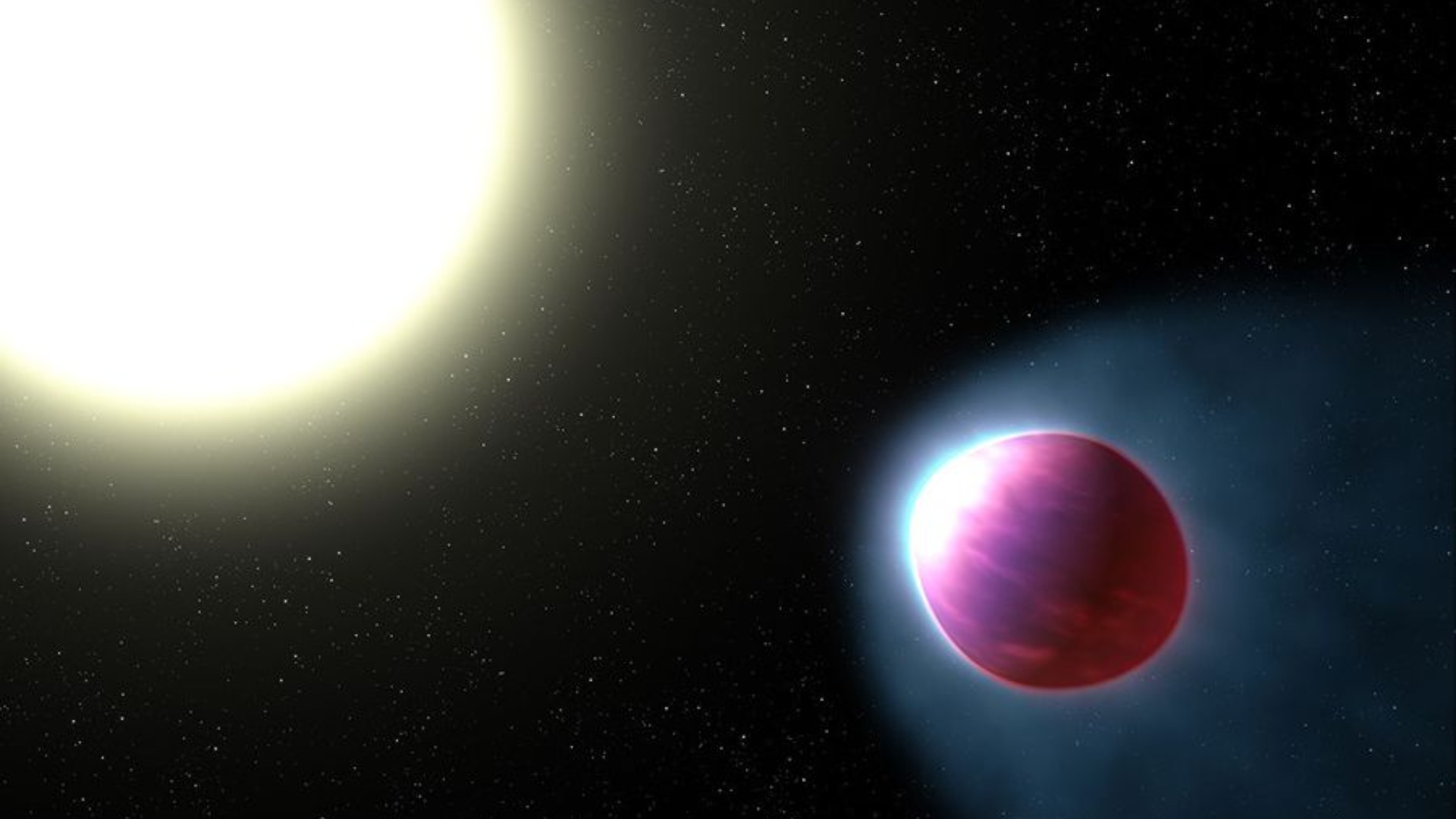 An illustration of a bright star toward the left top of the image. There is a pinkish, slightly stretched-out exoplanet toward the center-right-lower area.