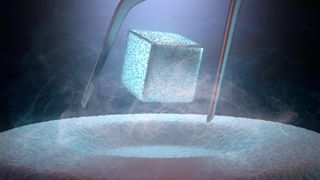 Currently, extreme cold is required to achieve superconductivity, as shown in this artist's concept of a magnet floating above a superconductor cooled with liquid nitrogen.