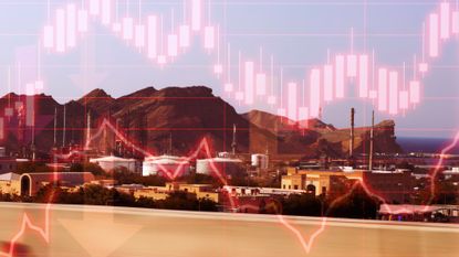 Commercial oil tanker docked in Mutrah, Oman with red chart overlay representing fluctuating oil prices, market instability and geopolitical risk.