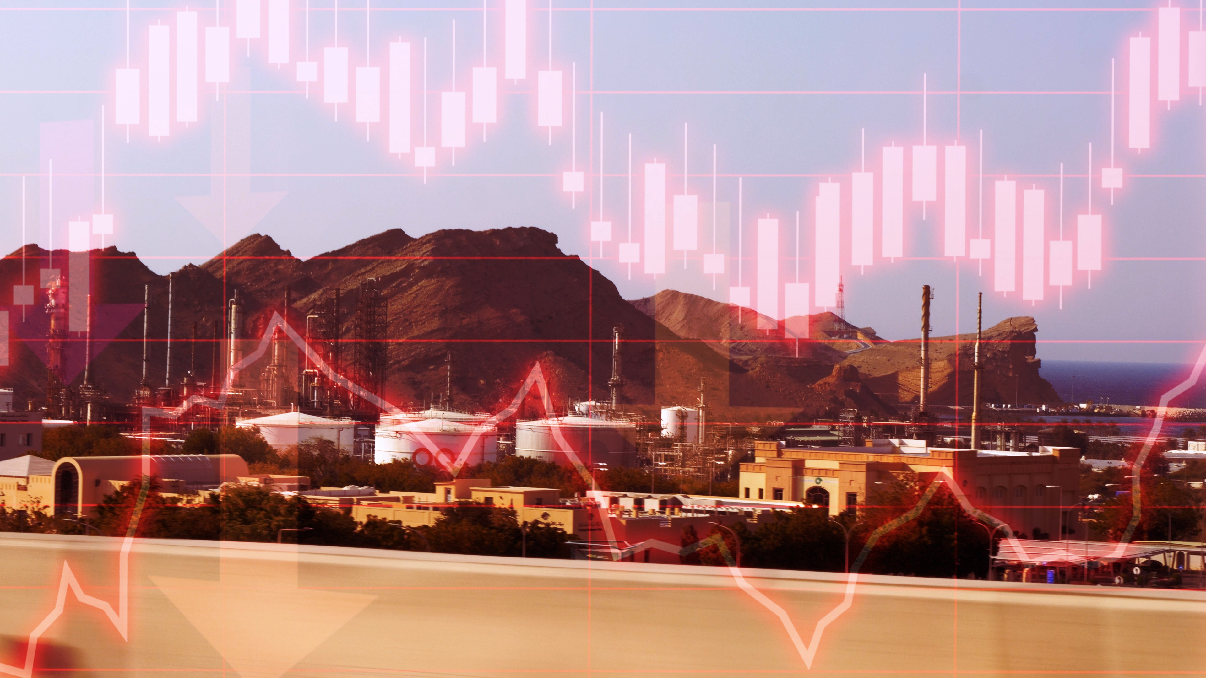 Commercial oil tanker docked in Mutrah, Oman with red chart overlay representing fluctuating oil prices, market instability and geopolitical risk.