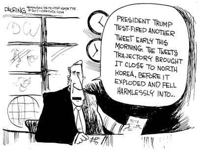 Political cartoon U.S. Donald Trump tweet North Korea world