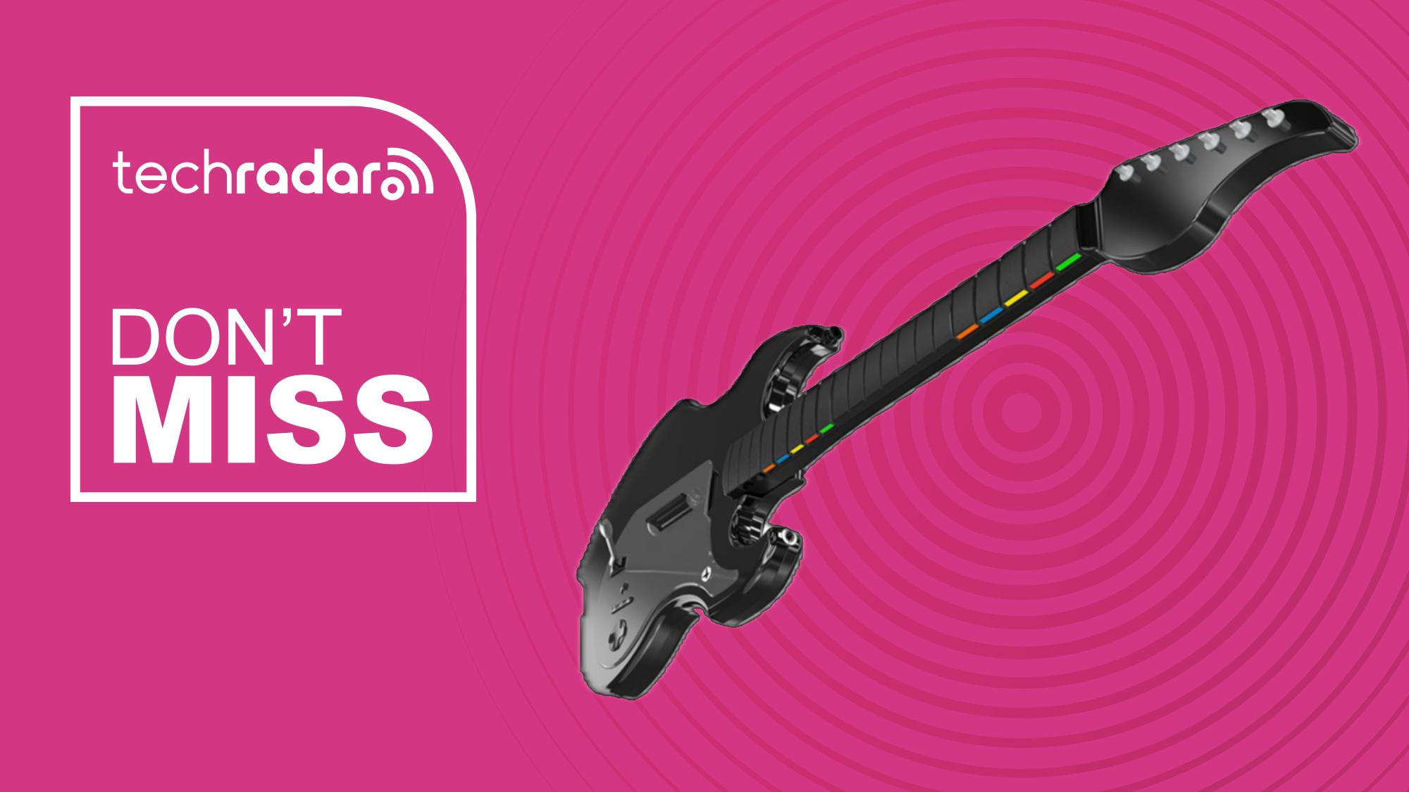 A guitar-shaped controller with colorful buttons on its neck. The main body is black