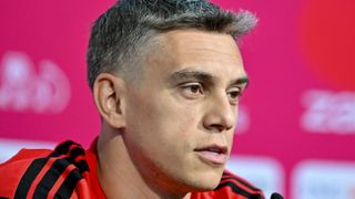 Belgium's Leandro Trossard pictured during a press conference of Belgian national soccer team Red Devils on Tuesday 16 June 2026. BELGA PHOTO DIRK WAEM (Photo by DIRK WAEM / BELGA MAG / Belga / AFP via Getty Images)