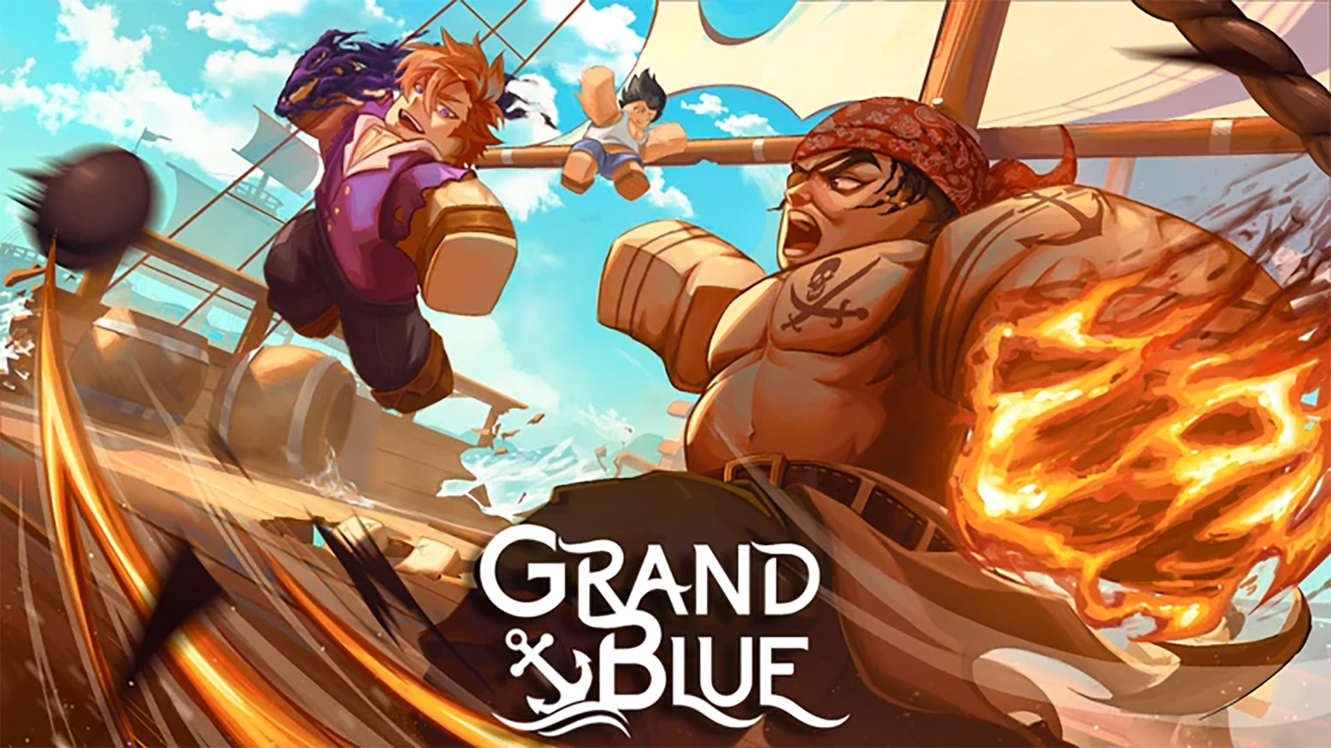 Press shot for Grand Blue codes showing several pirate characters fighting on the deck of a ship