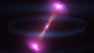 This artist's illustration shows two neutron stars (bright blue dots in the middle of the image) merging together and creating jets of matter and light. The event was first seen by gravitational wave observatories, and was later studied by light-based observatories.