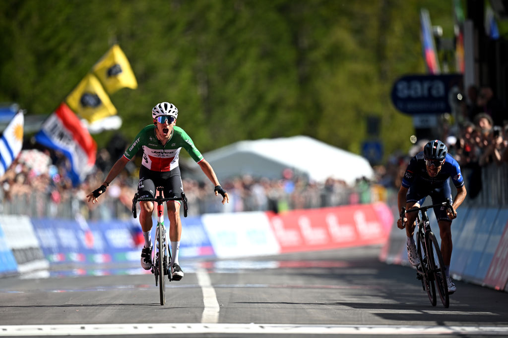 VAL DI ZOLDO PALAFAVERA ITALY MAY 25 LR Filippo Zana of Italy and Team Jayco AlUla celebrates at finish line as stage winner ahead of Thibaut Pinot of France and Team Groupama FDJ during the 106th Giro dItalia 2023 Stage 18 a 161km stage from Oderzo to Val di Zoldo Palafavera 1514m UCIWT on May 25 2023 in Val di Zoldo Palafavera Italy Photo by Stuart FranklinGetty Images