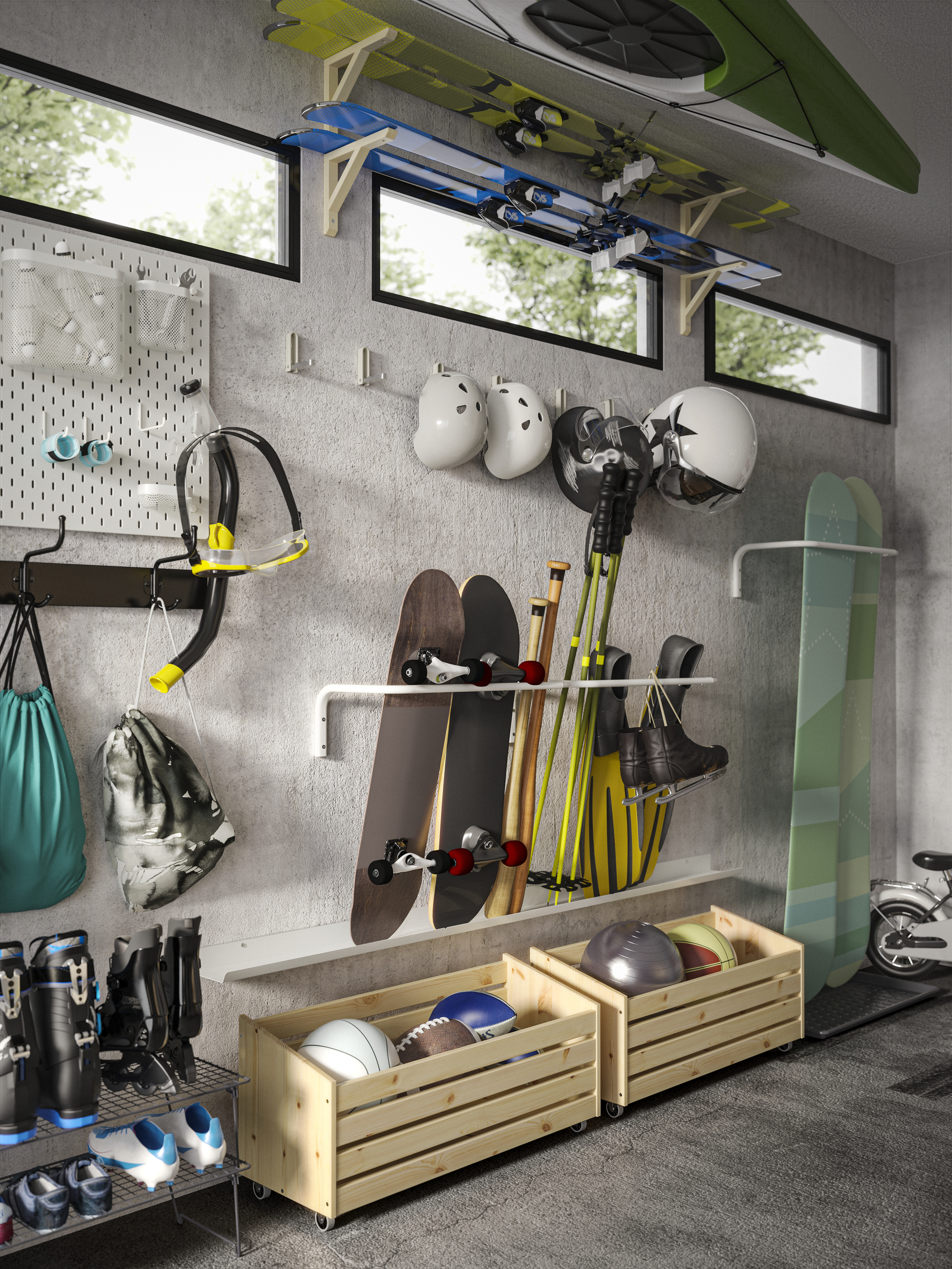 A garage with sports gear on various shelving systems, including skis on high up shelves