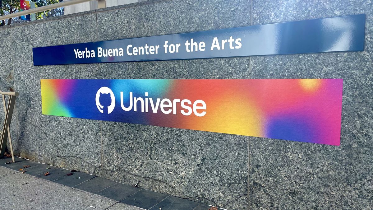 GitHub Universe sign outside the entrance steps of the Yerba Buena Arts Center