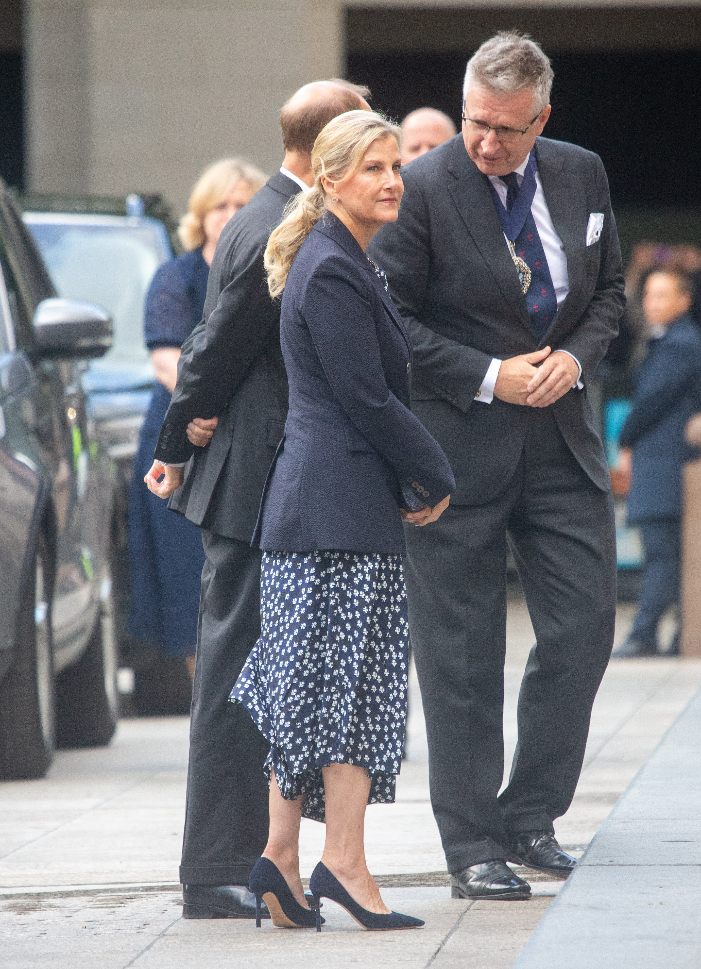 Duchess Sophie wearing a blue printed dress and blazer