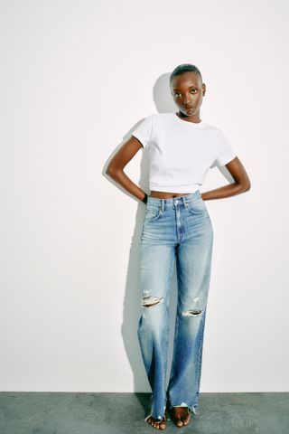 Ripped High Rise Trf Wide Leg Jeans