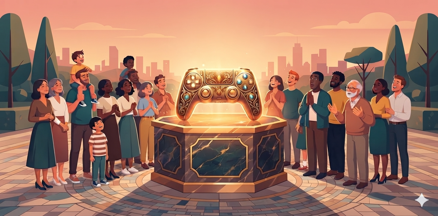 An AI-generated image of a crowd of people praying to a golden controller. The people's faces contain strange AI distortions.