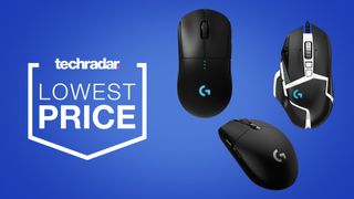 Three Logitech gaming mice on a blue background next to Techradar lowest price badge