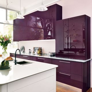 purple and white colour finish in kitchen