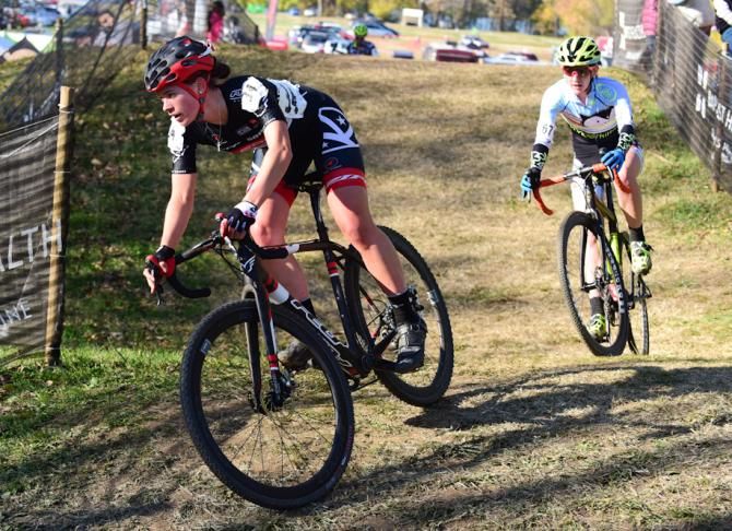 Allison Arensmann (K-Edge Felt) riding well on lap two with Caro Gomez close behind