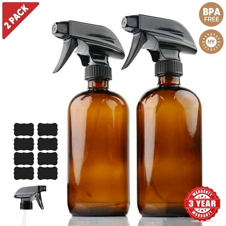 Empty Amber Glass Spray Bottles 2 Pack, 16 Oz Durable & Refillable Amber Squirt Bottle for Cleaning Solutions - Essential Oil Spray Bottle W/sturdy Mist, Stream Sprayer & Resistant Nozzle