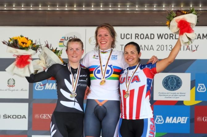 Linda Villumsen (New Zealand), third, bronze medal. World Champion, Ellen van Dijk (Netherlands), gold medal, Carmen Small (United States) was third, bronze medal
