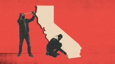 Photo composite illustration of two thieves with crowbars jimmying loose the state of California