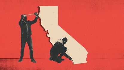 Photo composite illustration of two thieves with crowbars jimmying loose the state of California