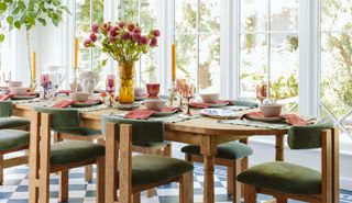 A dinner table with white and blue table